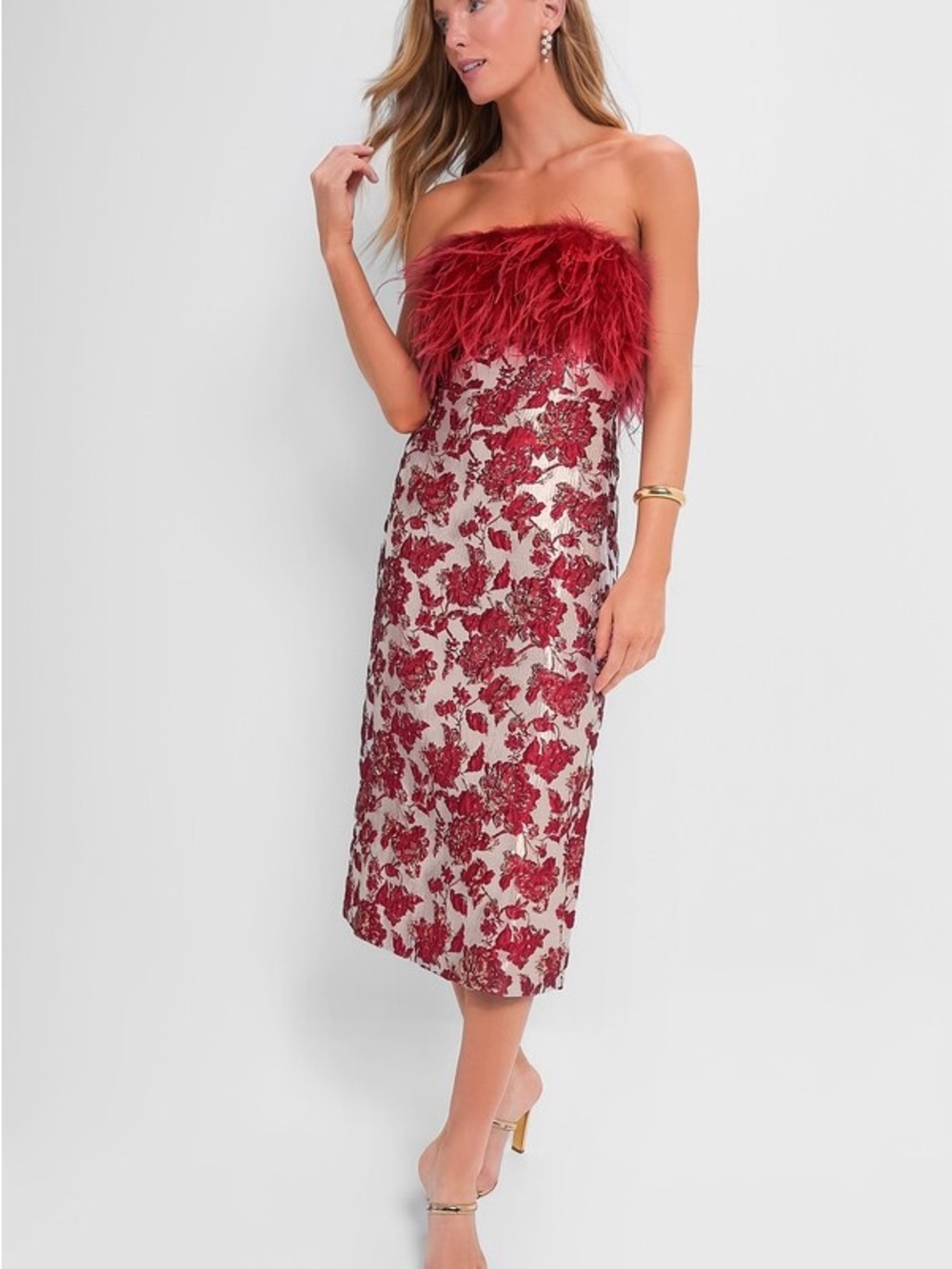 Strapless Red Feather & Lace Midi Dress
